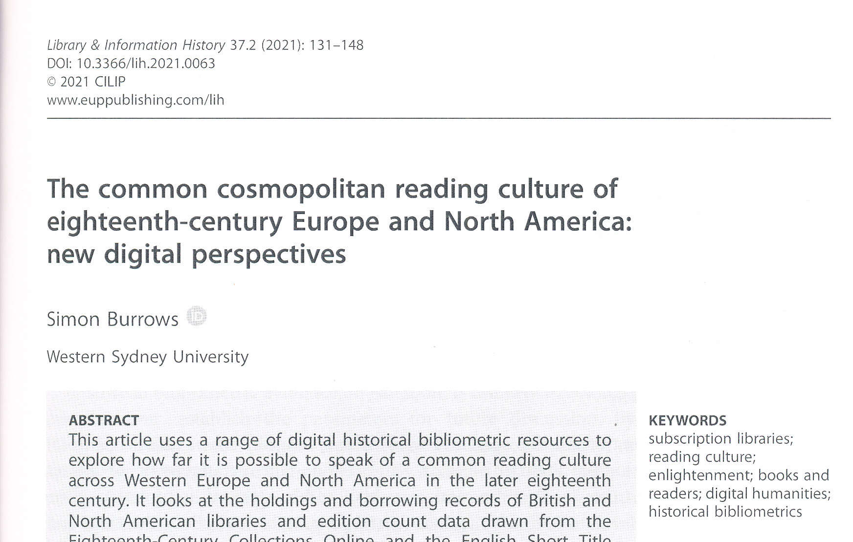 The common cosmopolitan reading culture of eighteenth-century Europe and North America: new digital